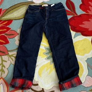 Carhartt Dark Blue Straight Leg Jeans with Red Plaid Cuffs